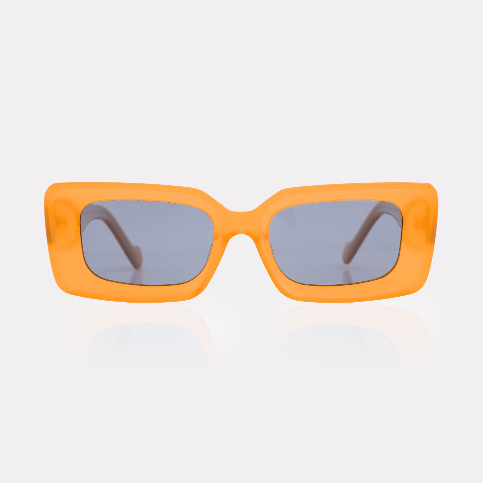  Front view of Cameron Orange sunglasses – bold square frame in translucent orange acetate.