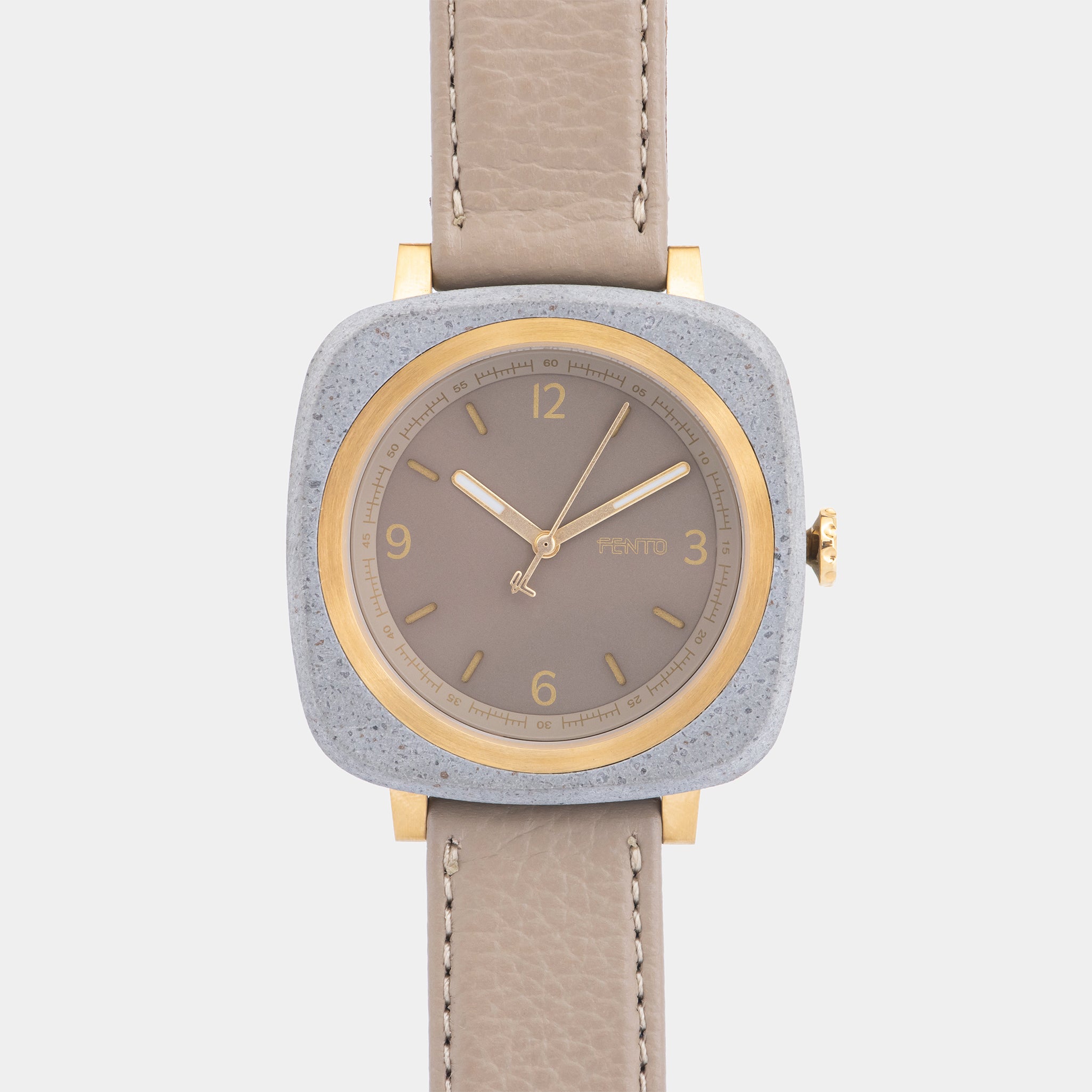 Foster Watch – concrete case, with refined gold accents and  taupe  leather strap.