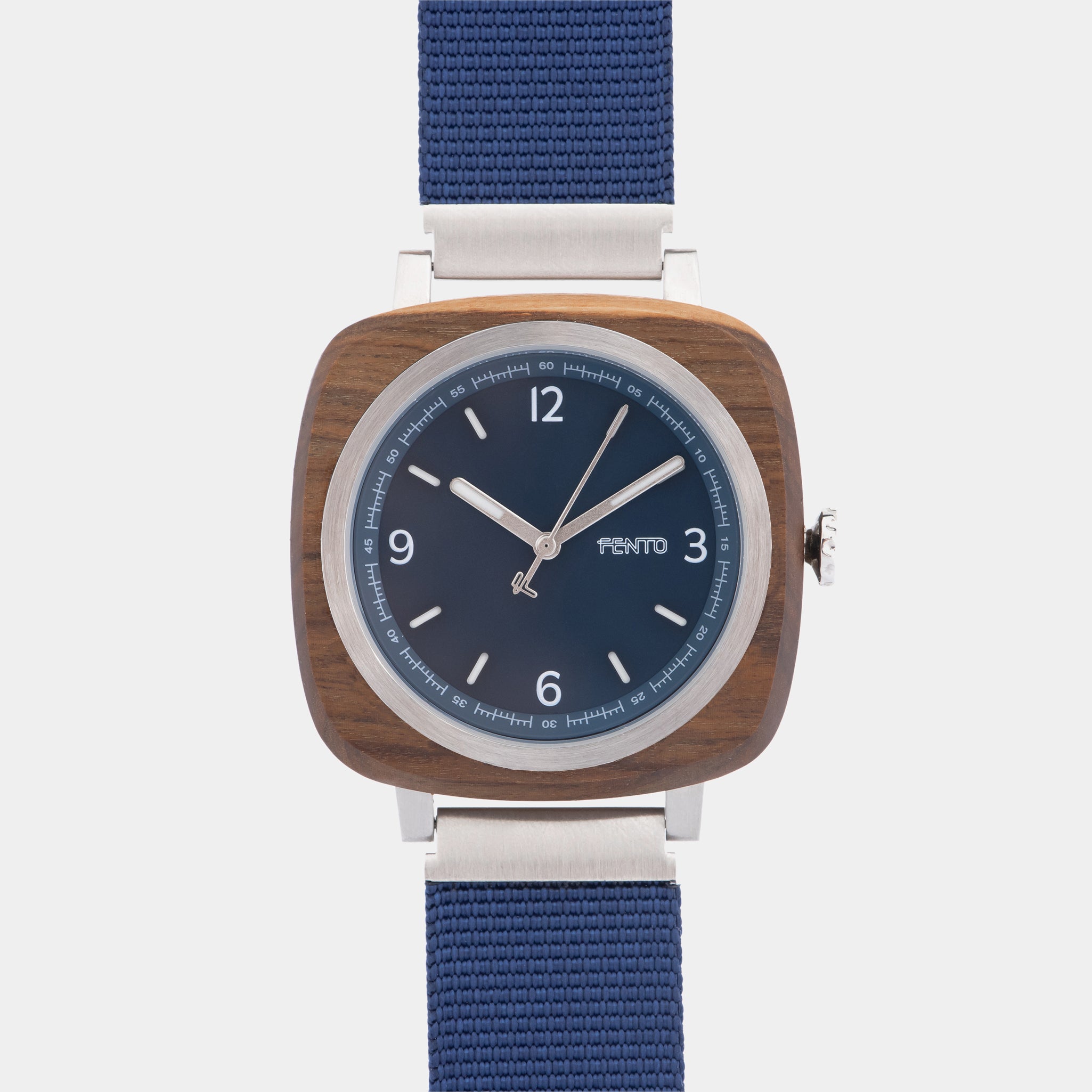 Fento Foster Men’s Watch – natural wood case with a lightweight blue nylon strap.
