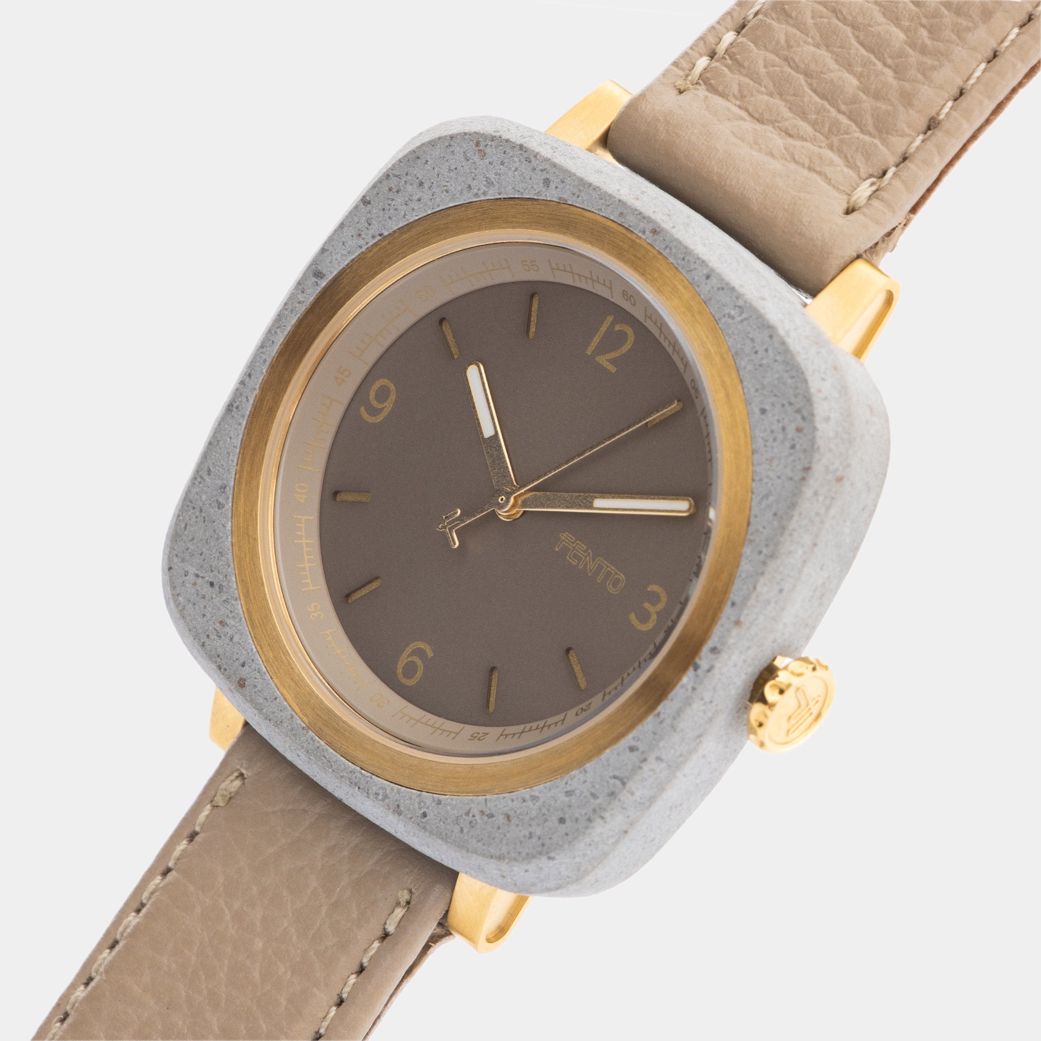 Taupe and gold Foster watch – raw materials meet sophisticated finishes.


