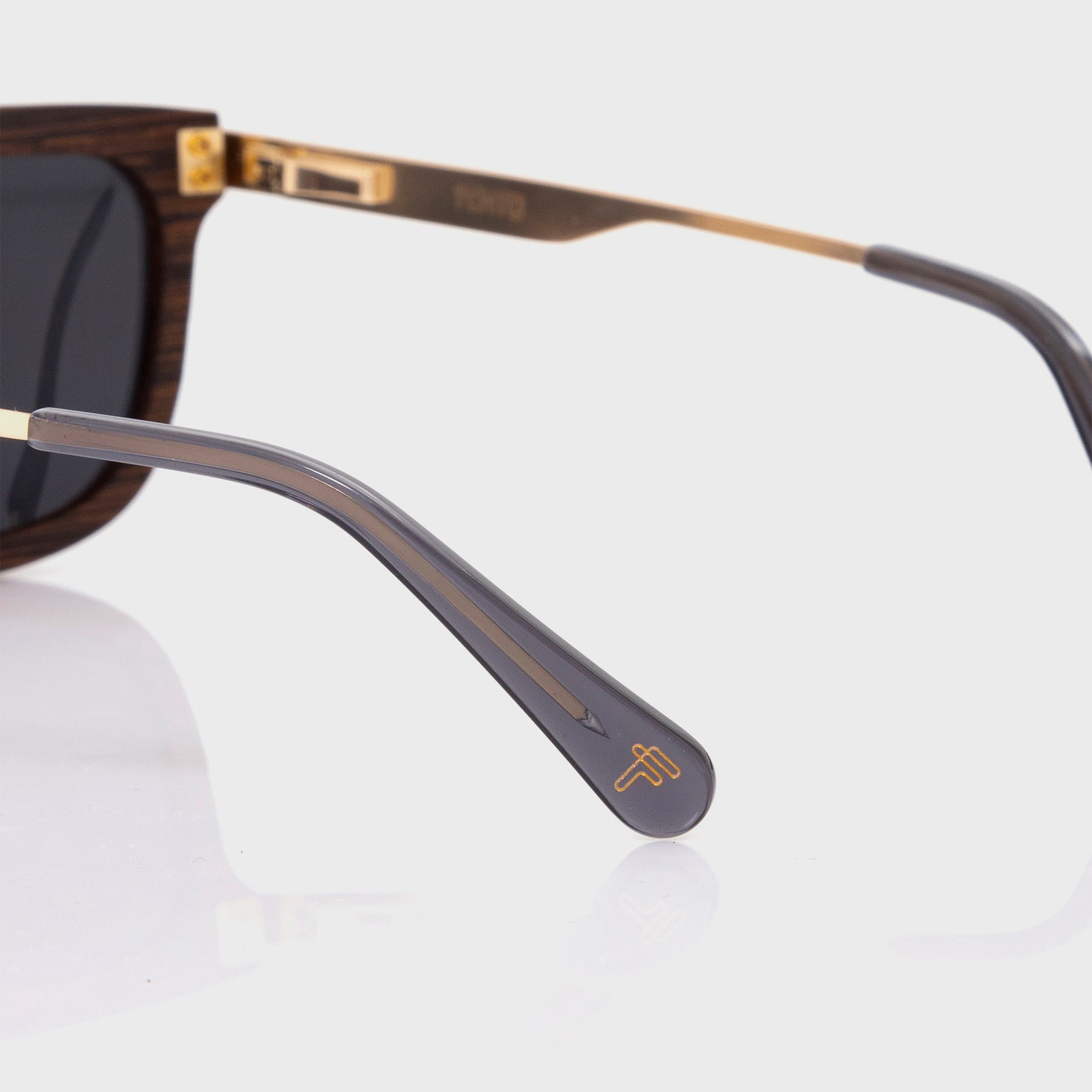 Grey and gold Specta sunglasses – refined eyewear crafted from premium wood.